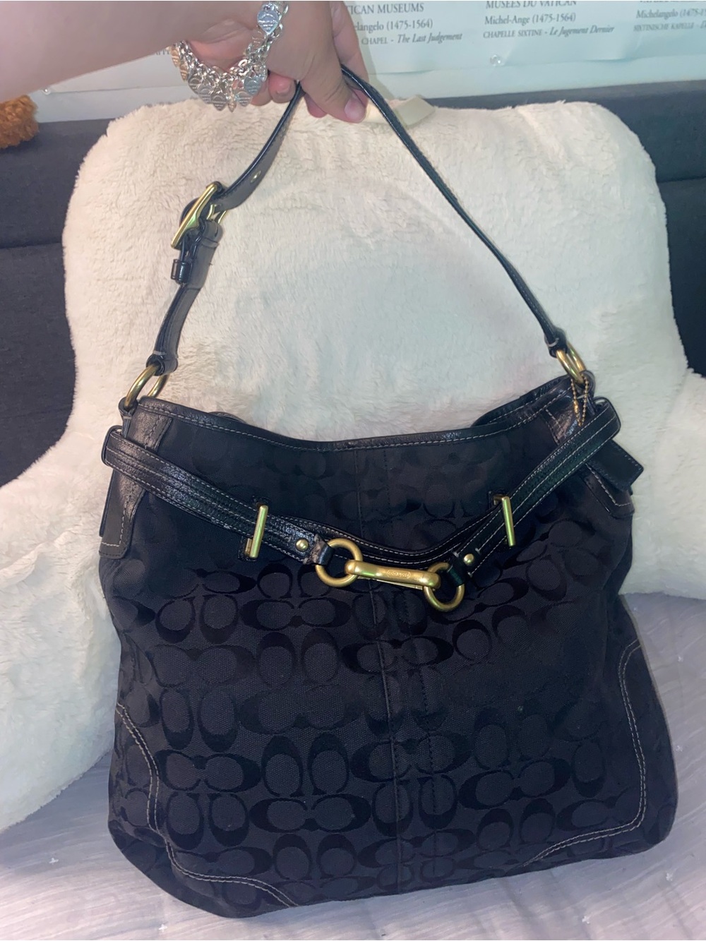 Black Signature Hobo Shoulder Bag with Gold Hardware